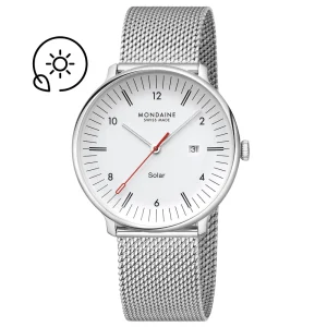 Mondaine Doppio Solar White Dial Stainless Steel Watch MLE.41910.SM