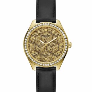 Guess G Gloss Gold Dial Black Leather Strap Watch GW0608L2