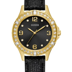 Guess Black Dial and Leather Strap Gold Case Watch U1353L1M