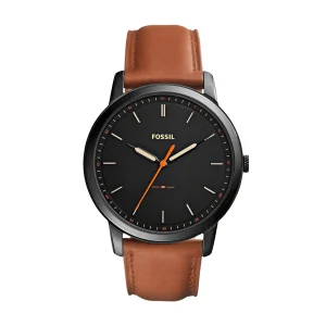 Fossil Minimalist Brown Leather Strap Black Dial Quartz Watch 44mm
