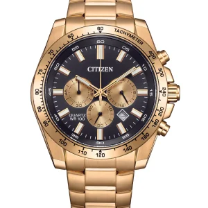 Citizen Quartz Sports Chronograph Black Dial Gold Tone Men's Watch AN8233-51E