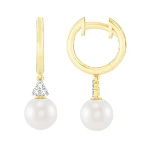 0.06ct Lab Grown Diamond Freshwater Pearl Earrings in 9K Yellow Gold