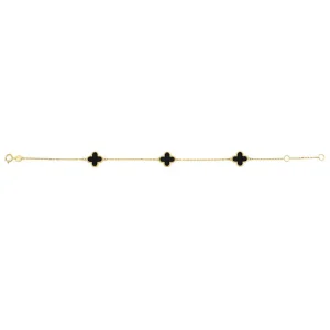 9K Yellow Gold Black Onyx Clover Bracelet 19cm