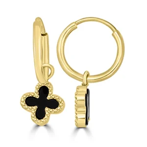 9K Yellow Gold Black Onyx Clover Huggie Earrings