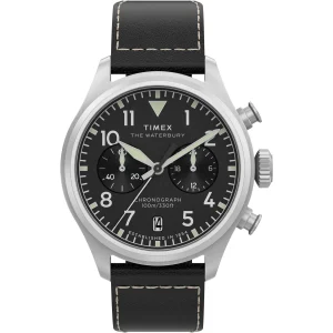 Timex Waterbury Chronograph Black Dial and Leather Strap Watch TW2Y19000
