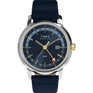 Timex Marlin Quartz Blue Dial 40mm GMT Leather Strap Watch TW2Y47900