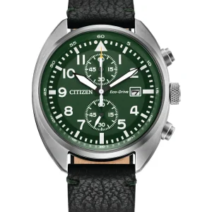 Citizen Chrono Eco-Drive Green Dial Black Leather Strap Watch CA7041-07X