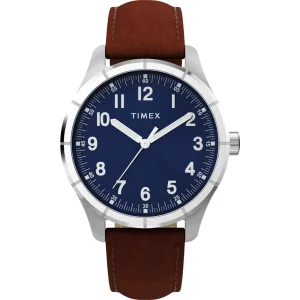 Timex Main Street Brown Leather Band Blue Dial Watch TW2Y16200