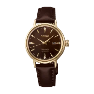 Seiko Presage Cocktail Time 'Jamaican Coffee' Brown Dial Gold Case Watch Diamonds SRE020J