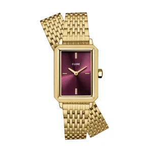 CLUSE Fluette Red Wine Dial Gold Double Wrap Link Watch CW11516