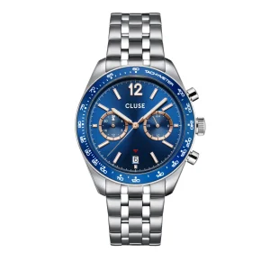 CLUSE Aravis Dual Time Chronograph Blue Dial Stainless Steel Link Band Watch CW25601