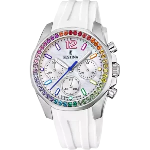 Elegant Festina Women's Rainbow Collection Watch with White Dial and Colorful Rubber Band - Model F20610/2