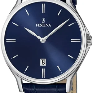 Festina Men's Quartz Watch with Blue Leather Band and Date Feature