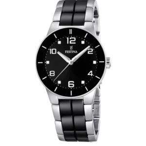 Elegant Festina 35mm Silver Ceramic Ladies Watch with Black Dial
