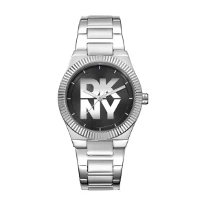 DKNY Silver Stainless Steel Black Dial 33mm Womens Logo Watch