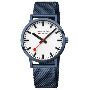 Mondaine Classic 40mm Blue Mesh Watch Swiss White Dial Luxury
