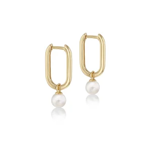9K Yellow Gold Pearl Hoop Earrings Elegant Contemporary Style