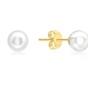 9K Yellow Gold Pearl Stud Earrings Elegant Contemporary Style 5mm