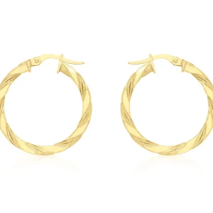 9K Yellow Gold Flat Twist Hoop Earrings Stylish Contemporary Look