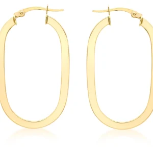 9K Yellow Gold Flat Oval Hoops Stylish Contemporary Earrings For Women