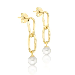 9K Yellow Gold Pearl Drop Earrings Elegant Contemporary Jewelry