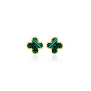 9K Yellow Gold Malachite Petal Stud Earrings for Modern Style
