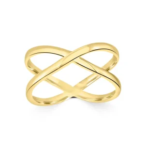 9K Yellow Gold Cross Over Ring Elegant Contemporary Jewelry Gift