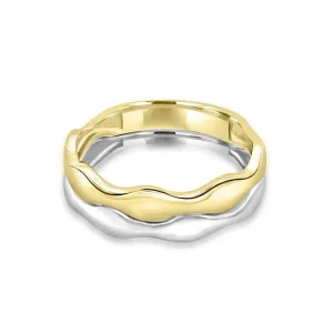 9K Yellow and White Gold Double Wave Ring Stylish Contemporary Design
