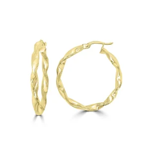 9K Yellow Gold Twisted Hoop Earrings Lightweight Stylish Design 25mm