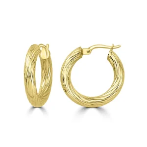 9K Yellow Gold Textured Hoops 15mm Lightweight Contemporary Style