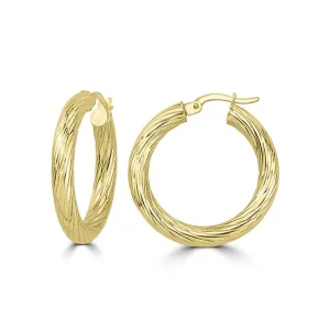 9K Yellow Gold Textured Hoop Earrings Lightweight Stylish Design