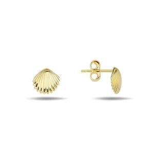 9K Yellow Gold Clam Shell Stud Earrings Elegant Contemporary Style