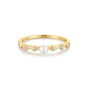 Gold Freshwater Pearl Ring with Sparkling Cubic Zirconia Detail