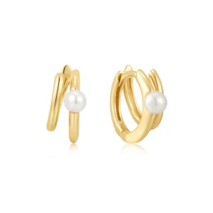 Gold Parallel Duo Pearl Huggies Elegant Freshwater Earrings Women