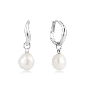 Ania Haie Silver Pearl Drop Hoop Earrings Modern Chic Statement
