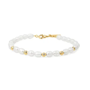 Gold Freshwater Pearl Bracelet With Sparkling Cubic Zirconia Accent