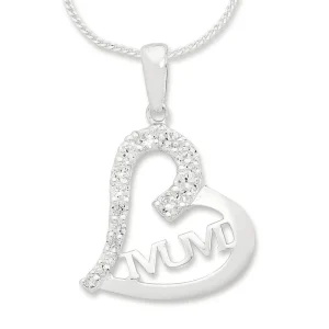 45cm Cubic Zirconia Mum Heart Pendant Necklace in Sterling Silver