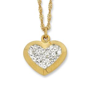 9kt Yellow Gold Silver Infused Crystal Heart Necklace 45cm