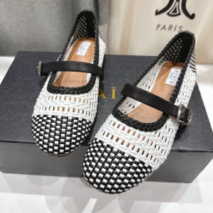 ALAIA MARY JANE FLATS white mix black woven calfskin pattent