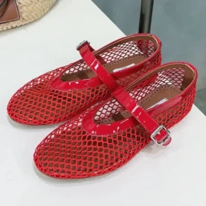 Alaia 25 Laminated Fishnet Ballet Flats Red Lambskin 576443