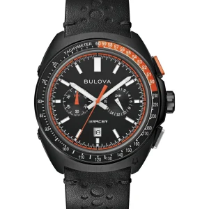 Bulova Racer Chronograph Watch with Black Leather Strap and Orange Accents 98B428