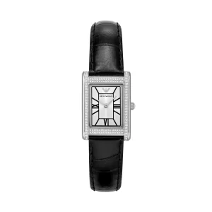 Emporio Armani Two-Hand Silver Dial Black Leather Strap Watch AR11623