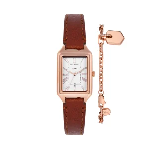 Fossil Raquel Three-Hand Brown Leather Watch and Bracelet Set ES5377SET