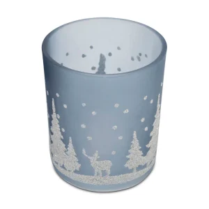 Glass Festive Forest Scene Christmas Tealight Holder - Light Blue