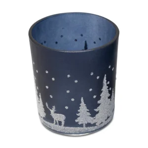 Glass Festive Forest Scene Christmas Tealight Holder - Dark Blue