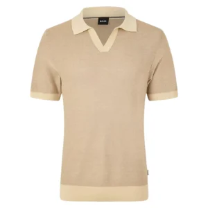 Hugo Boss Tempio Mens Knitted Polo Short Sleeve Shirt Beige