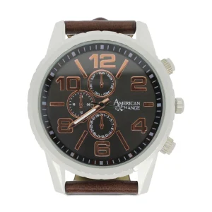 American Exchange Silver Watch with Brown Strap and Bracelets Set 5130