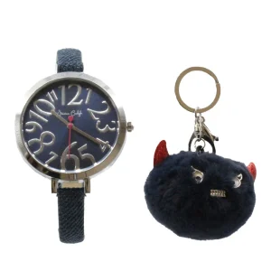 Jessica Carlyle Blue & Silver Girls Watch & Monster Pom Pom Keyring