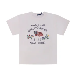 Ralph Lauren Embroidered Flag Cotton T-Shirt Cream Women's