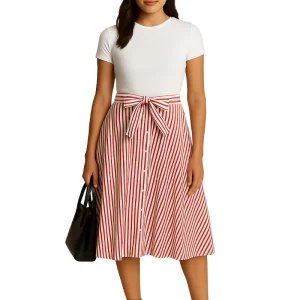 Ralph Lauren Striped Cotton A-Line Skirt Red/White Stripe Women's